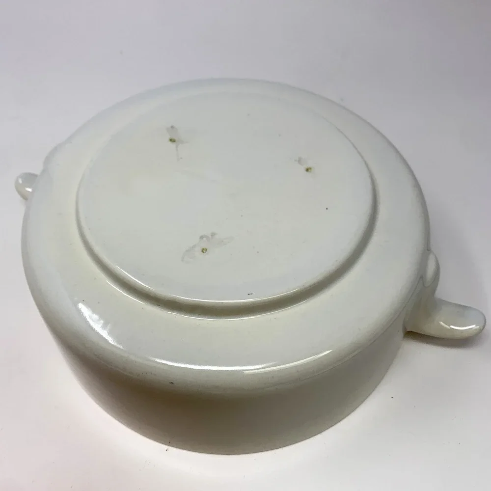 Mid Century Ceramic White Orange Lidded Serving Dish Domed Lid Textured Handles